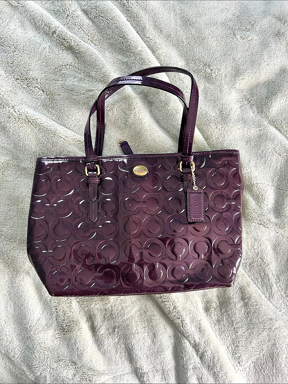 Coach Peyton Op Art Embossed Patent Top Handle Tote Purple